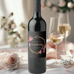 Birthday black burgundy gold geometric floral wine label