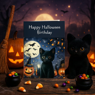 Birthday Black Cat Halloween Card