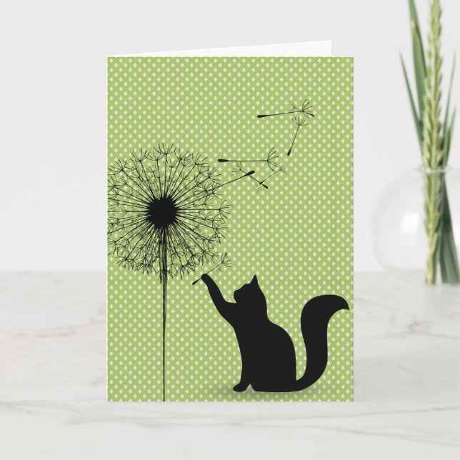 Birthday Black Cat With Dandelion On Dots Card (Front)