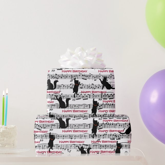Birthday Black Cats On Sheet Music Wrapping Paper (Party Gifts)