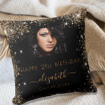 Birthday black custom photo gold glitter monogram throw pillow<br><div class="desc">A gift for a girly and glamourous 21st (or any age) birthday. A stylish black background with faux gold glitter dust. Personalize and add your own high quality photo of the birthday girl. The text: The name is written with a modern hand lettered style script with swashes.To keep the swashes...</div>