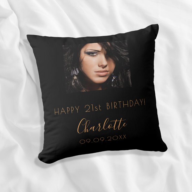 Birthday black custom photo name script throw pillow (Creator Uploaded)