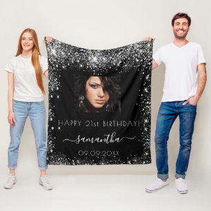 Birthday black custom photo silver glitter name fleece blanket