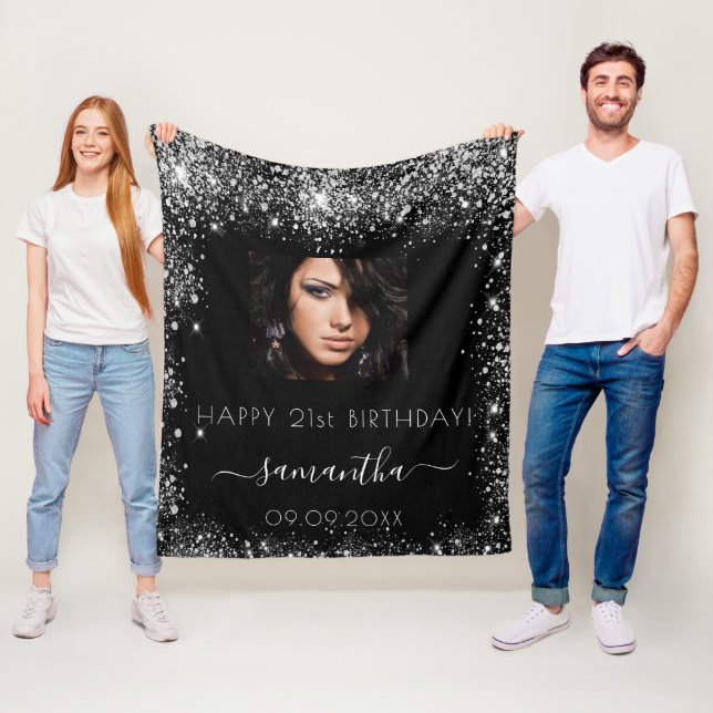 Birthday black custom photo silver glitter name fleece blanket (In Situ)