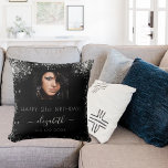 Birthday black custom photo silver glitter name throw pillow<br><div class="desc">A gift for a girly and glamourous 21st (or any age) birthday. A stylish black background with faux glitter dust. Personalize and add your own high quality photo of the birthday girl. The text: The name is written in white with a modern hand lettered style script with swashes.To keep the...</div>