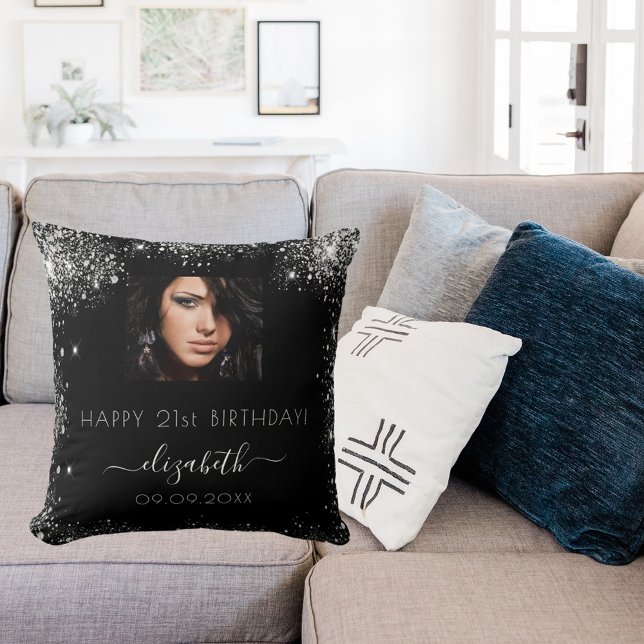 Birthday black custom photo silver glitter name throw pillow (Creator Uploaded)