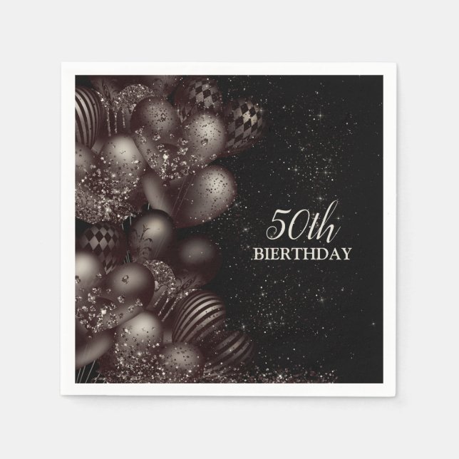 Birthday Black Glitter Balloons Sparkle Party Napkin (Front)