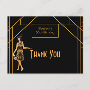 Birthday black gold art deco Gatsby Thank you Postcard