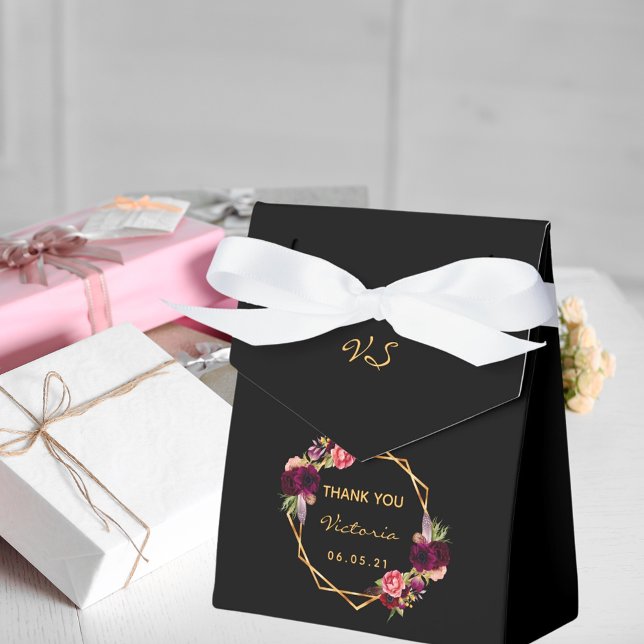 Birthday black gold geometric burgundy florals favor box (Creator Uploaded)