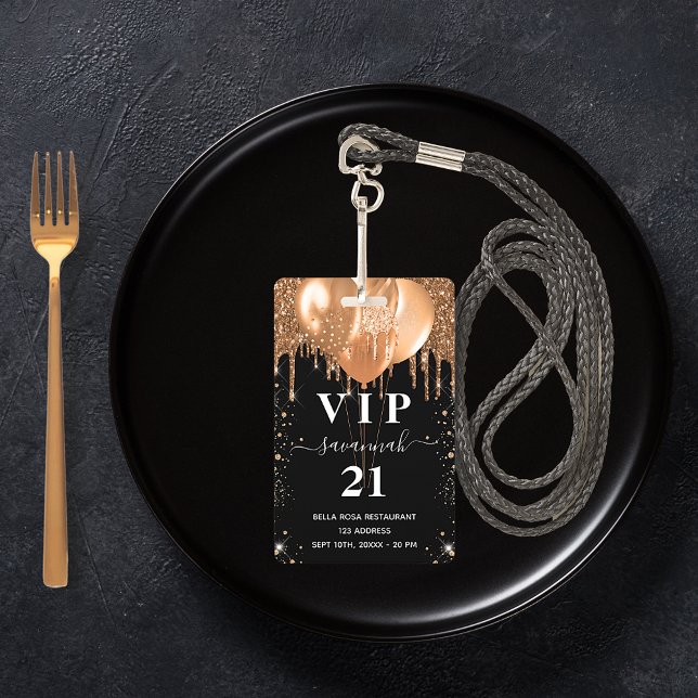 Birthday black gold glitter balloon vip invitation badge (Creator Uploaded)