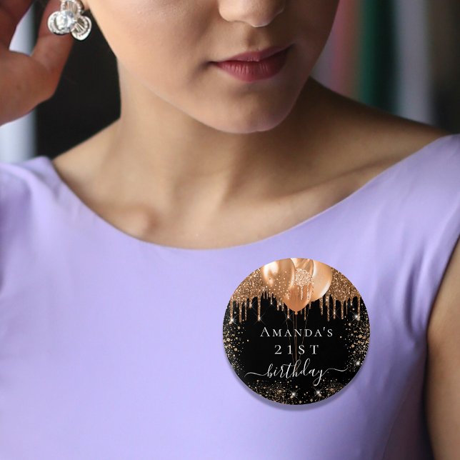 Birthday black gold glitter balloons name 1 inch round button (Creator Uploaded)