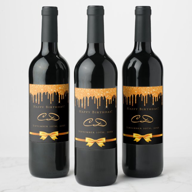 Birthday black gold glitter drip monogram initials wine label (Bottles)