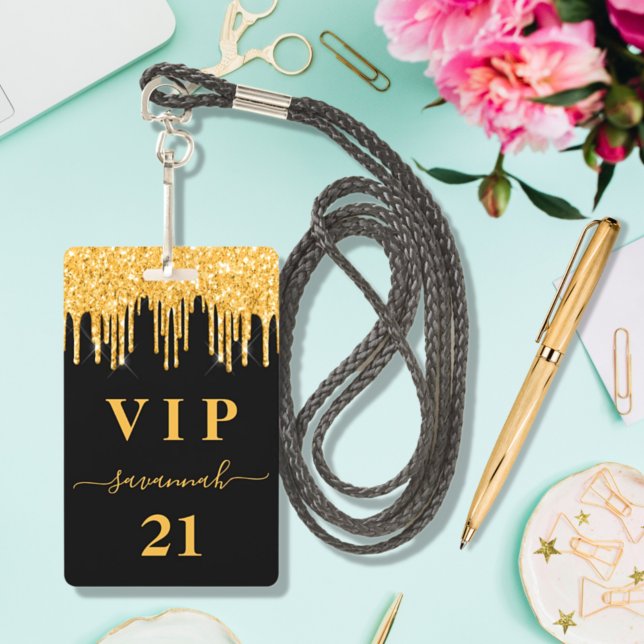 Birthday black gold glitter drips monogram vip badge (Creator Uploaded)