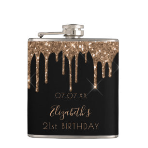 Birthday black gold glitter drips name hip flask