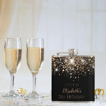Birthday black gold glitter dust friends hip flask<br><div class="desc">A gift for a girly and glamourous 21st (or any age) birthday party. A stylish black background with elegant faux gold glitter dust. The text: The name is written in golden with a modern hand lettered style script. Personalize and add a name, age 21 and a date. Add your own...</div>
