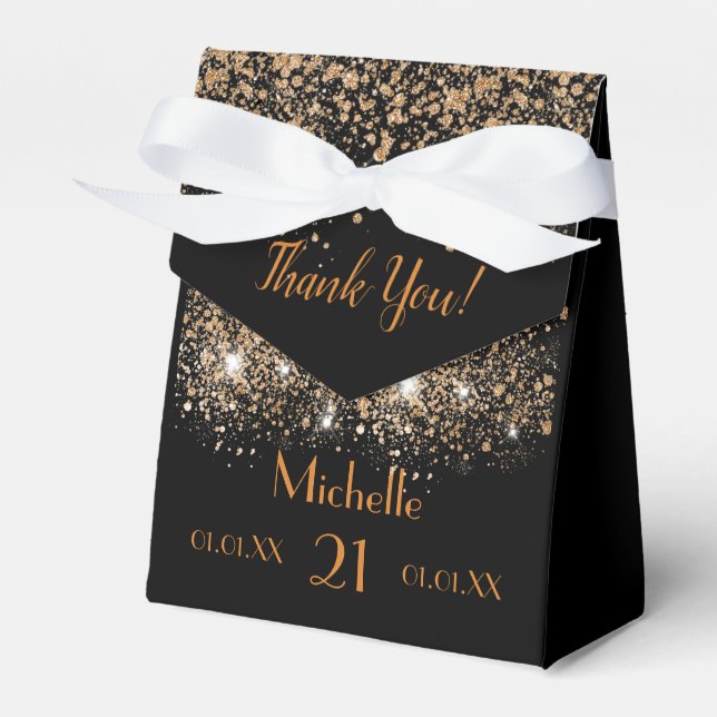 Birthday black gold glitter dust monogram favor box (Front Side)