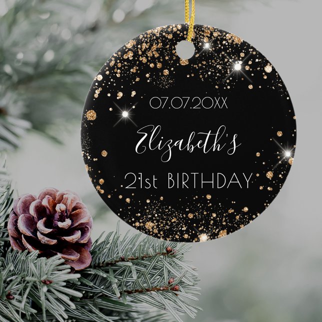 Birthday black gold glitter dust name elegant ceramic ornament (Creator Uploaded)