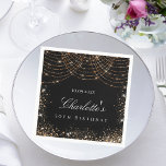 Birthday black gold glitter dust name elegant glam napkin<br><div class="desc">For a glamourous 50th (or any age) birthday party. A stylish black background. Decorated with faux gold glitter dust and alight strings.  Personalize and add a name and age 50. The name is written with a modern hand lettered style script.</div>