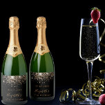 Birthday black gold glitter monogram chic  sparkling wine label<br><div class="desc">For a girly and glamourous 21st (or any age) birthday party with the girls.  A chic black background with faux gold glitter spots.The name is written in a golden colour with a modern hand lettered style script. Personalize and a date,  name and age 21.</div>