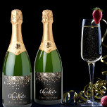 Birthday black gold glitter monogram initials sparkling wine label<br><div class="desc">For a girly and glamourous 21st (or any age) birthday party with the girls.  A chic black background with faux gold glitter spots. Personalize and add a name and monogram initials. The name is written in a golden colour with a modern hand lettered style script.  White and golden letters.</div>