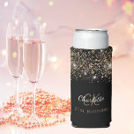 Birthday black gold glitter monogram name seltzer can cooler<br><div class="desc">For a girly and glamourous 21st (or any age) birthday party with the girls.  A chic black background with faux gold glitter spots. Personalize and add a name and monogram initials. The name is written in a golden colour with a modern hand lettered style script.  White and golden letters.</div>