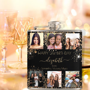 Birthday black gold glitter photo collage friends hip flask