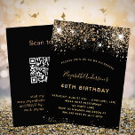 Birthday black gold glitter QR code RSVP Invitation<br><div class="desc">A modern, stylish and glamourous invitation for a 40th (or any age) birthday party. A black background decorated with faux glitter and sparkle. The name is written with a modern golden coloured hand lettered style script. Personalize and add your party details. Back: your QR code to your website for more...</div>