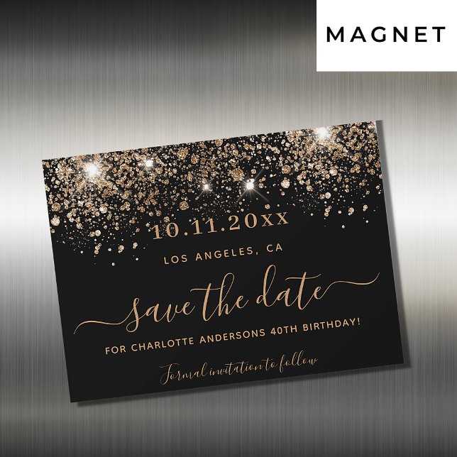 Birthday black gold glitter save the date magnet (Creator Uploaded)