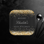 Birthday black gold glitter sparkles name elegant paper plate<br><div class="desc">For a glamourous 50th (or any age) birthday party. A stylish black background. Decorated with faux gold glitter,  sparkles.  Personalize and add a name and age 50. The name is written with a modern hand lettered style script.</div>