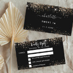Birthday black gold glitter sparkles party RSVP Enclosure Card<br><div class="desc">A stylish black background,  decorated with faux gold glitter,  sparkles
On the front: Personalize and add the reply by date.
Back: add a name,  event and date of the event.</div>