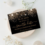 Birthday black gold glitter sparkles save the date<br><div class="desc">A girly and trendy Save the Date card for a birthday party. A black background decorated with faux gold glitter,  sparkles.  Personalize and add a date and name. Golden coloured letters.  The text: Save the Date is written with a large trendy hand lettered style script with swashes.</div>