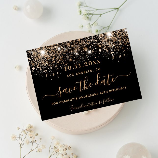 Birthday black gold glitter sparkles save the date (Creator Uploaded)