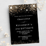 Birthday black gold glitter two persons friends invitation postcard<br><div class="desc">A modern,  stylish and glamourous invitation for two women's 21st birthday party (or any age)  A black background decorated with dark faux gold sparkles. Personalize and add names and party details. 
An invitation for two persons celebrating together,  twins,  sisters or friends.</div>