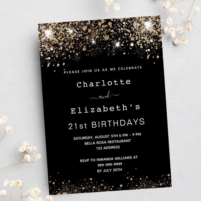 Birthday black gold glitter two persons friends invitation postcard (Creator Uploaded)