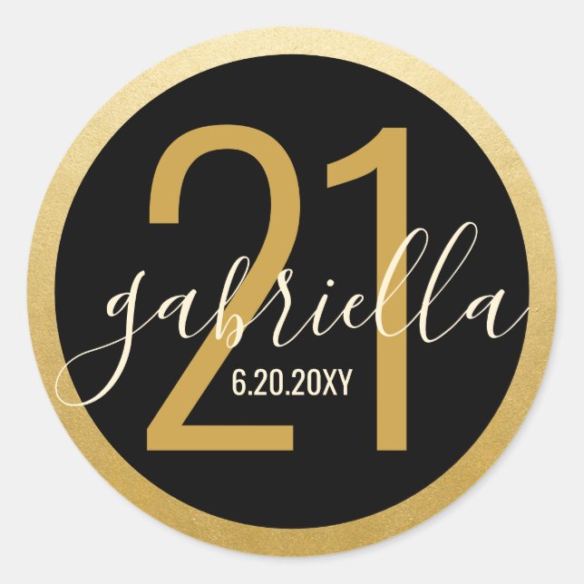Birthday Black Gold Modern Name Date Custom Age Classic Round Sticker (Front)