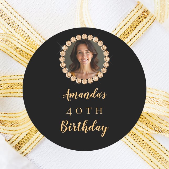Birthday black gold photo diamonds classic round sticker (Creator Uploaded)