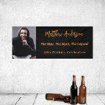 Birthday black gold photo man myth legend banner<br><div class="desc">A banner for a 40th (or any age) birthday party for guys. A classic black background. Personalize and add your own photo of the birthday boy/man. The text: The name is written with a modern hand lettered style script. Personalize and add a name, age 40 and a text. Text: The...</div>