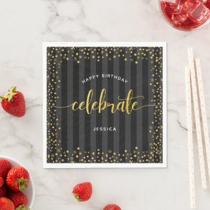 Birthday black gold script glitter dot modern name napkin