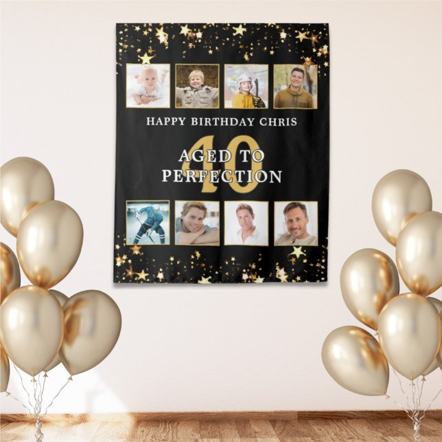 Birthday Black Gold Stars 8 Photo Personalized Tapestry (Creator Uploaded)