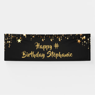 Birthday Black Gold Stars Brush Script Personalize Banner