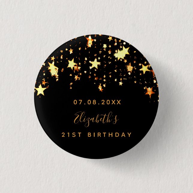 Birthday black gold stars custom monogram  1 inch round button (Front)