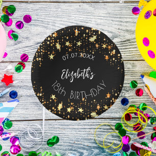 Birthday black gold stars name paper plate