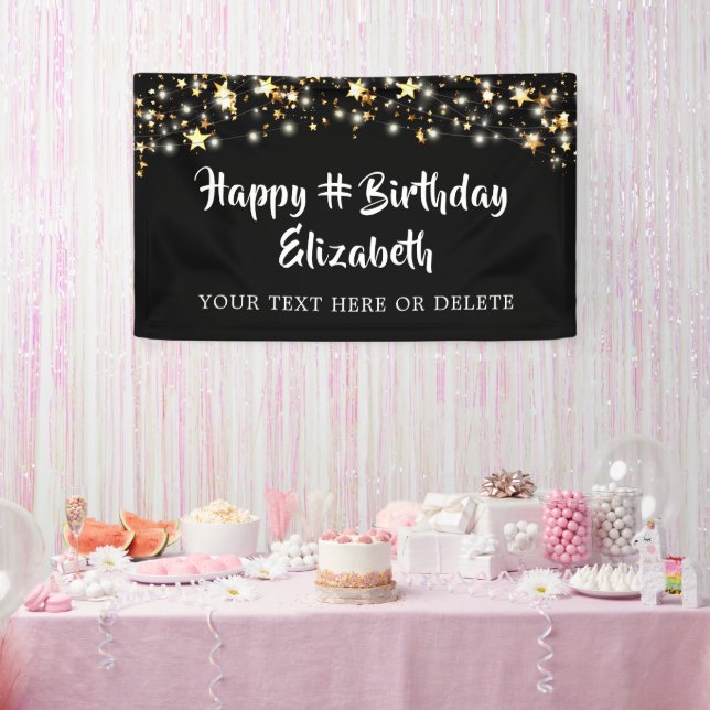 Birthday Black Gold Stars Personalized Your Colour Banner (Party)