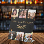 Birthday black gold stars photo collage pedestal sign<br><div class="desc">Celebrating a life with a collage of 6 of your high quality photos,  friends,  family,  interest or pets.  Personalize and add a name,  age 21.   Golden text.  A chic,  classic black background colour. The name is written with a modern hand lettered style script. Decorated with faux gold stars dripping.</div>