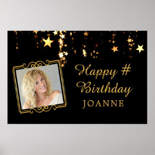Birthday Black Gold Stars Photo Personalized Poster