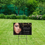 Birthday black gold stars woman elegant garden sign<br><div class="desc">Celebrating a 21st (or any age) milestone birthday for a girl/woman. An elegant modern black background and faux gold stars. Personalize and add your own photo of the birthday girl. The text: The name in white with a modern hand lettered style script. Personalize and add a name, age 21 and...</div>