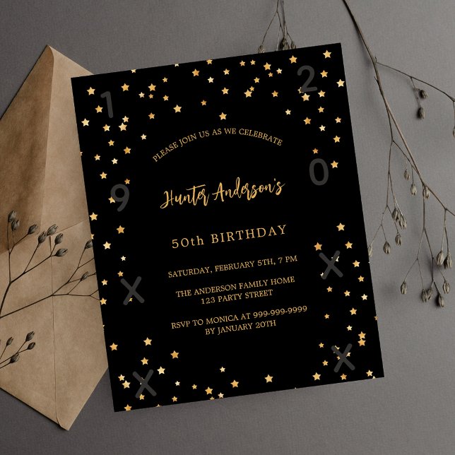 Birthday black gold stars years budget invitation (Creator Uploaded)