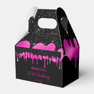 Birthday Black & Hot Pink Drips Glitter Thank You Favor Box