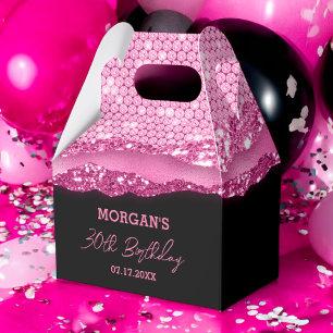 Birthday Black Hot Pink Glitter Name Thank You Favor Box