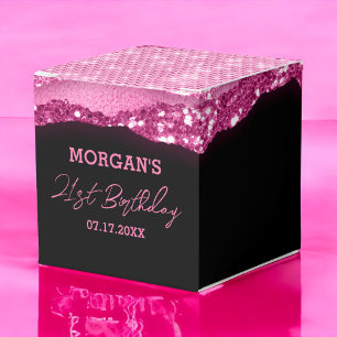 Birthday Black Hot Pink Glitter Name Thank You Favor Box